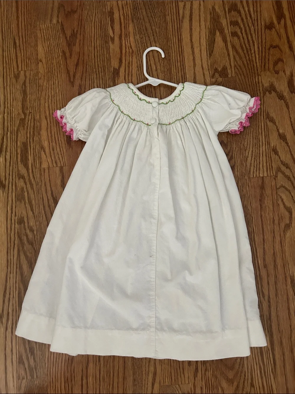 White Smocked Girls' Dress with Pink & Green Embroidery